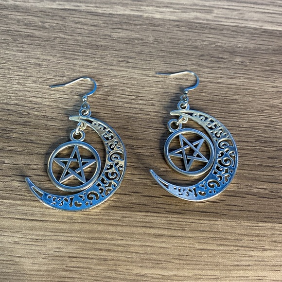 Pentacle Crescent Moon Earrings - Picture 2 of 4